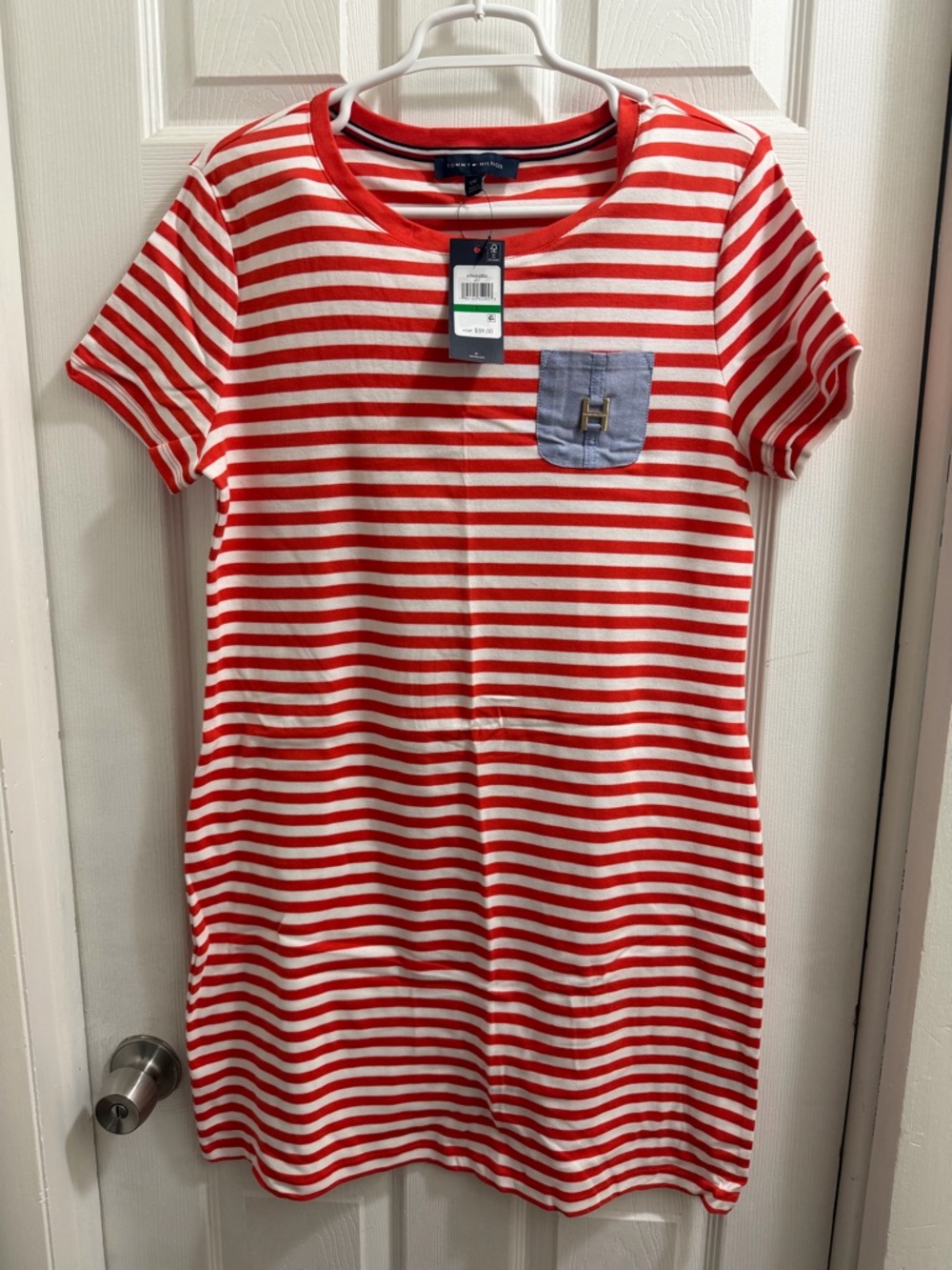 Tommy Hilfiger Red and White Striped Short Sleeve Dress